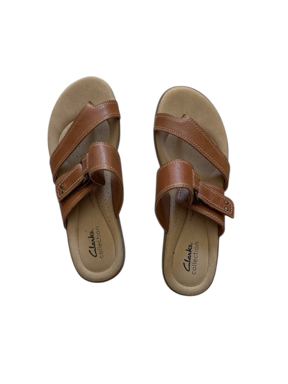 Clarks Tan Brown Leather Slide Sandals with Adjustable Strap